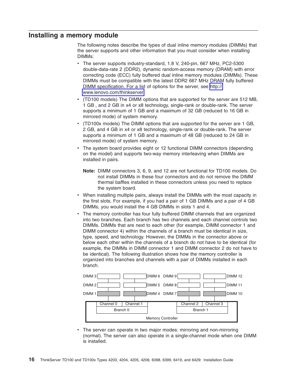 Installing a memory module, Installing, Memory | Module | Lenovo ThinkServer TD100x User Manual | Page 32 / 124