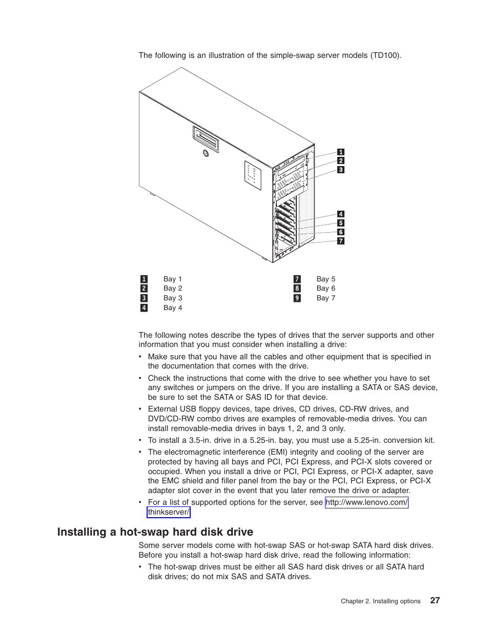 Installing a hot-swap hard disk drive, Installing, Hot-swap | Hard, Disk, Drive | Lenovo ThinkServer TD100x User Manual | Page 43 / 124