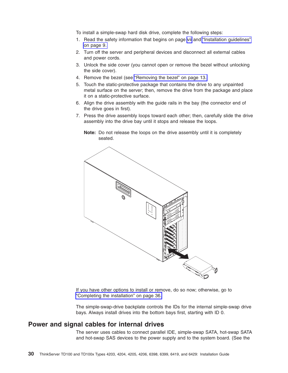 Power and signal cables for internal drives, Power, Signal | Cables, Internal, Drives | Lenovo ThinkServer TD100x User Manual | Page 46 / 124