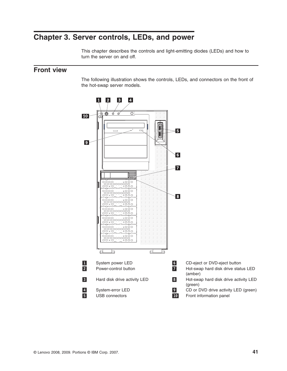 Chapter 3. server controls, leds, and power, Front view, Chapter | Server, Controls, Leds, Power, Front, View | Lenovo ThinkServer TD100x User Manual | Page 57 / 124