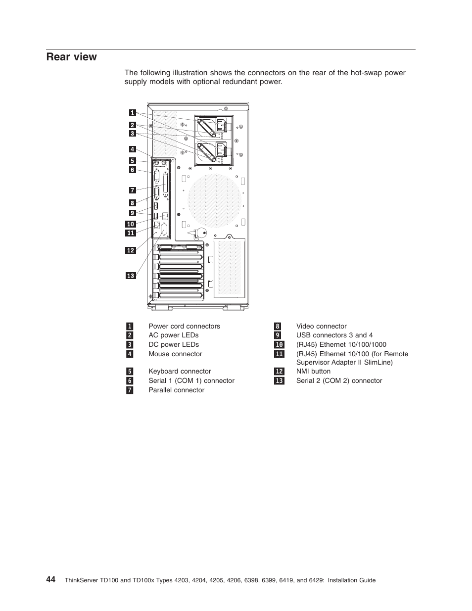 Rear view, Rear, View | Lenovo ThinkServer TD100x User Manual | Page 60 / 124