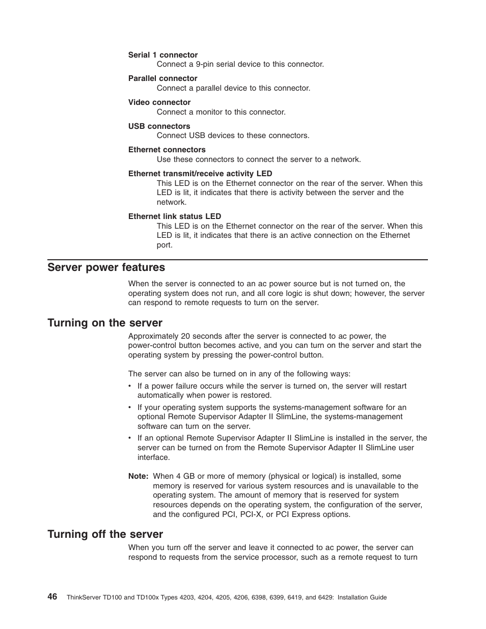 Server power features, Turning on the server, Turning off the server | Server, Power, Features, Turning | Lenovo ThinkServer TD100x User Manual | Page 62 / 124