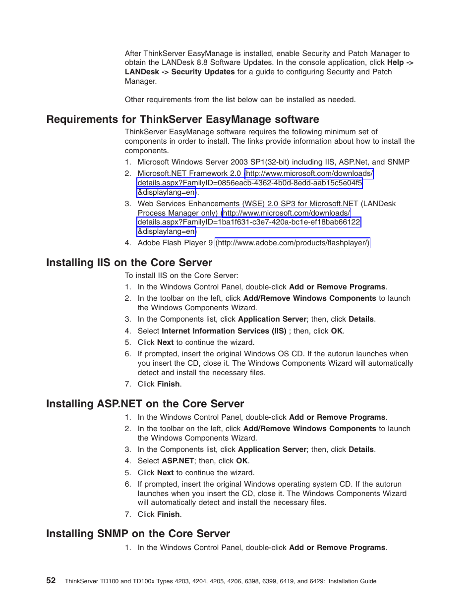 Requirements for thinkserver easymanage software, Installing iis on the core server, Installing asp.net on the core server | Installing snmp on the core server, Requirements, Thinkserver, Easymanage, Software, Installing, Core | Lenovo ThinkServer TD100x User Manual | Page 68 / 124