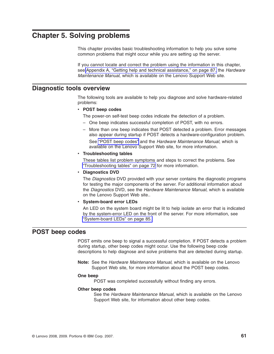 Chapter 5. solving problems, Diagnostic tools overview, Post beep codes | Chapter, Solving, Problems, Diagnostic, Tools, Overview, Post | Lenovo ThinkServer TD100x User Manual | Page 77 / 124