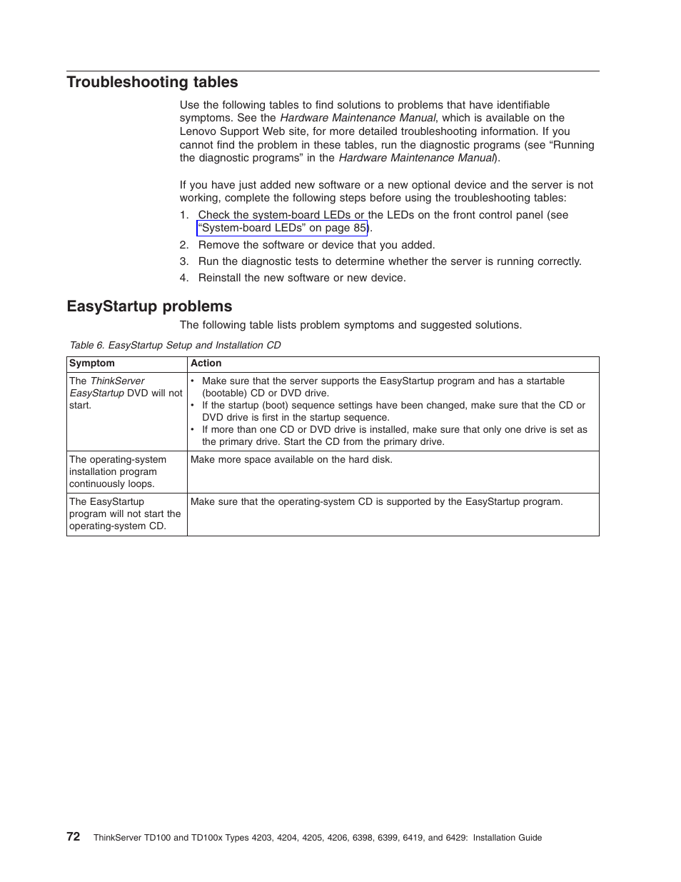 Troubleshooting tables, Easystartup problems, Troubleshooting | Tables, Easystartup, Problems | Lenovo ThinkServer TD100x User Manual | Page 88 / 124