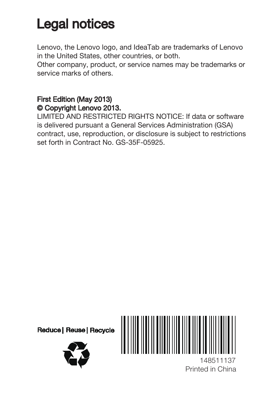 Back, Legal notices | Lenovo A3000 Tablet User Manual | Page 28 / 28
