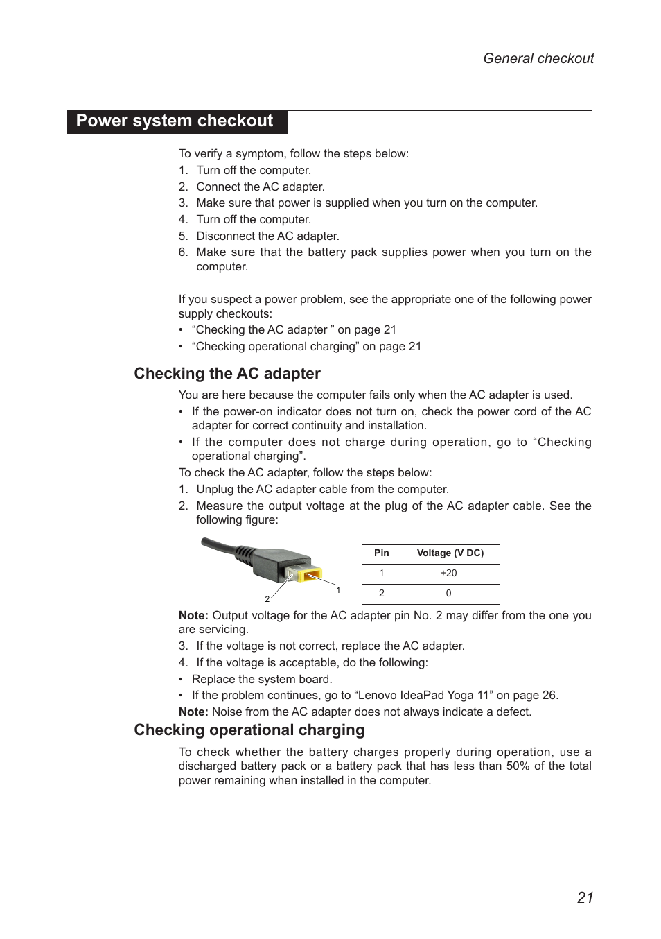 Power system checkout, Checking the ac adapter, Checking operational charging | Lenovo Yoga 11 Notebook IdeaPad User Manual | Page 25 / 68