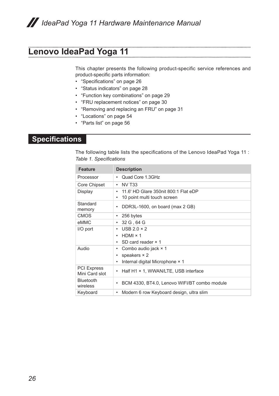 Lenovo ideapad yoga 11, Specifications, Ideapad yoga 11 hardware maintenance manual | Lenovo Yoga 11 Notebook IdeaPad User Manual | Page 30 / 68