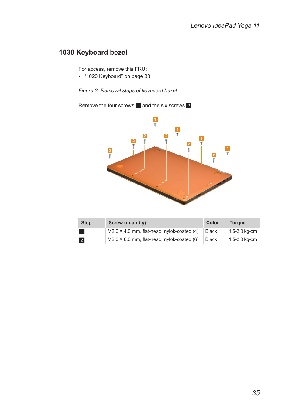 1030 keyboard bezel, Lenovo ideapad yoga 11 | Lenovo Yoga 11 Notebook IdeaPad User Manual | Page 39 / 68