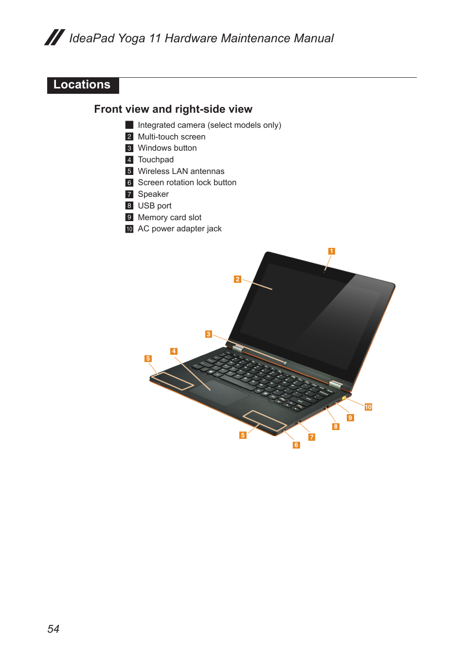 Locations, Front view and right-side view | Lenovo Yoga 11 Notebook IdeaPad User Manual | Page 58 / 68