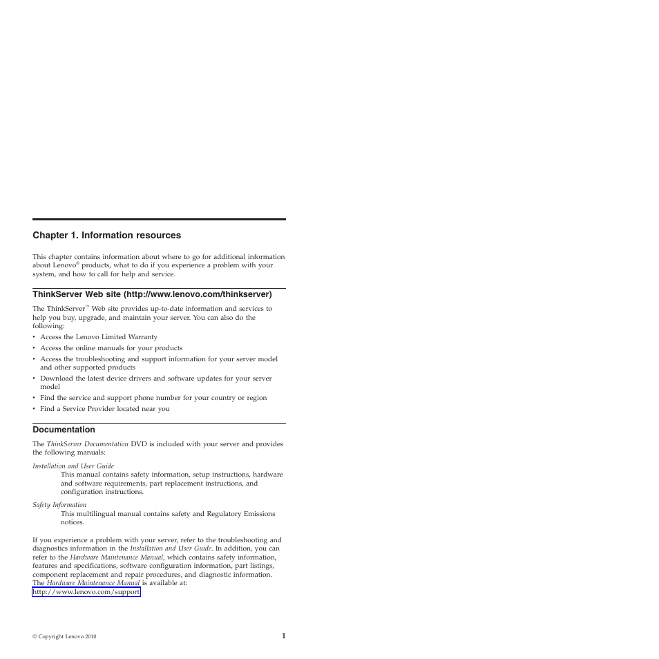 Chapter 1. information resources, Documentation | Lenovo ThinkServer TS200v User Manual | Page 7 / 26