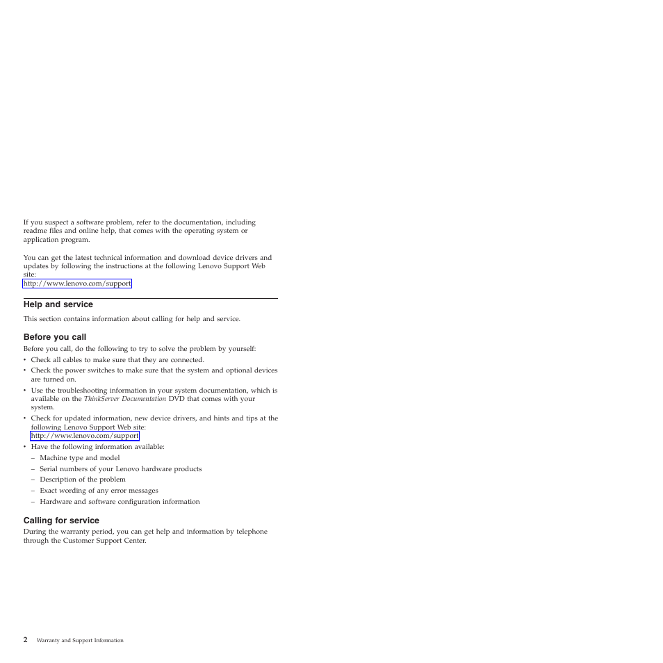 Help and service, Before you call, Calling for service | Lenovo ThinkServer TS200v User Manual | Page 8 / 26