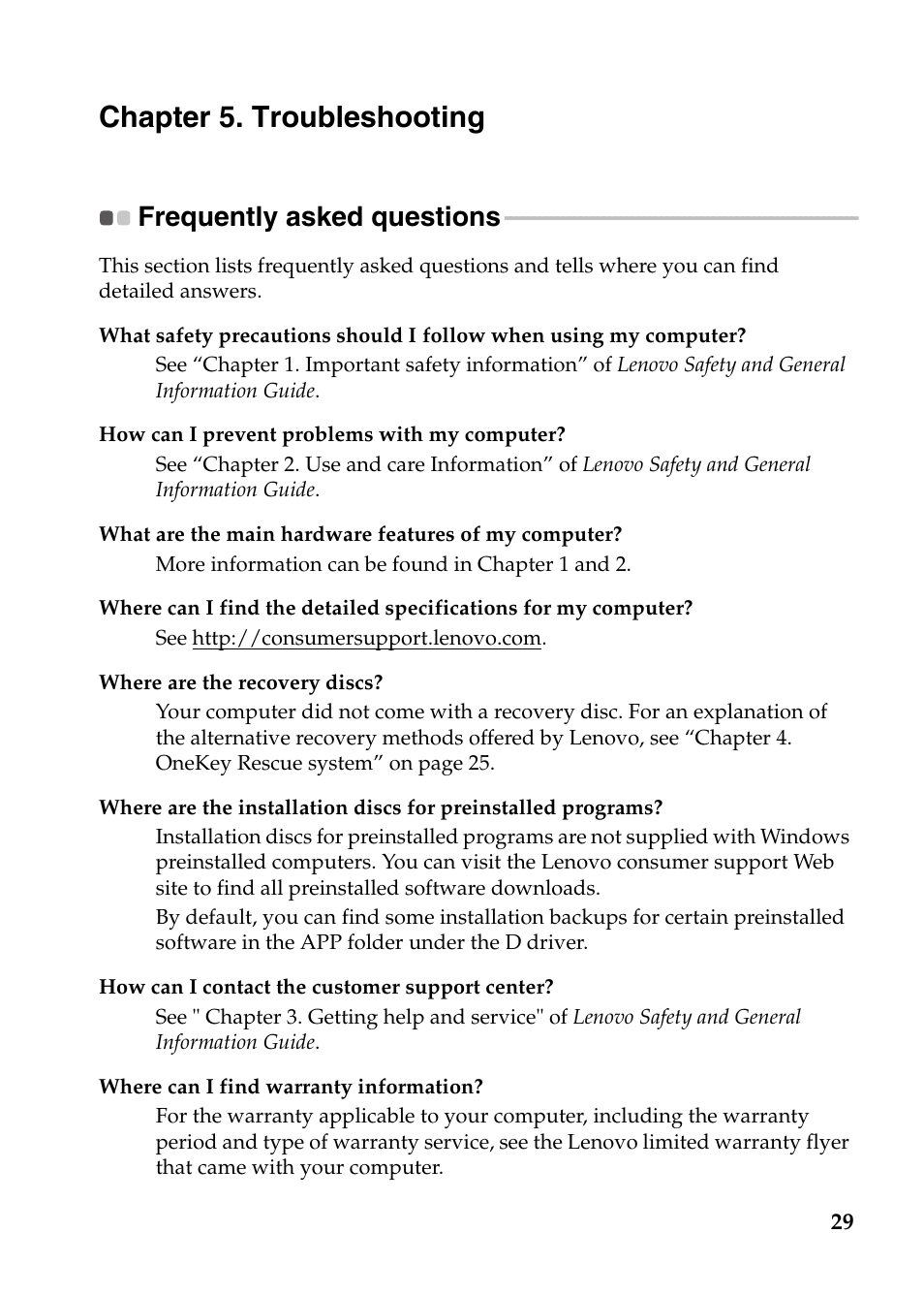 Chapter 5. troubleshooting, Frequently asked questions | Lenovo IdeaPad S110 User Manual | Page 33 / 41