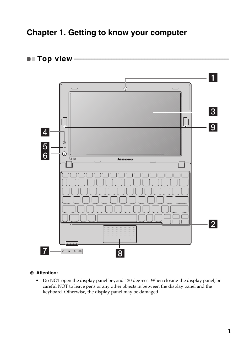 Chapter 1. getting to know your computer, Top view | Lenovo IdeaPad S110 User Manual | Page 5 / 41