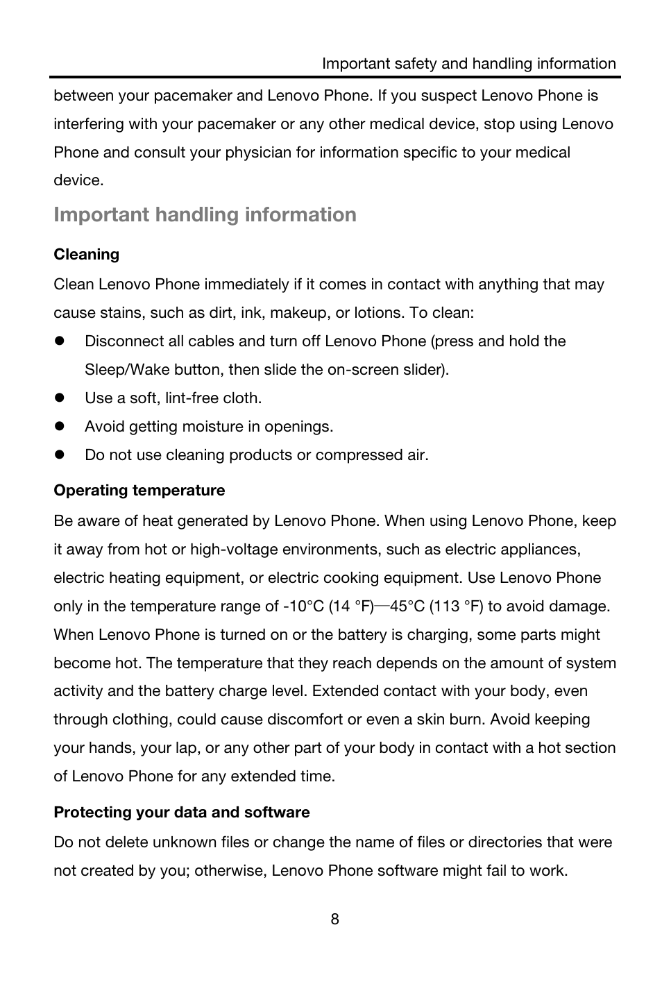 Important handling information | Lenovo S856 Smartphone User Manual | Page 10 / 19