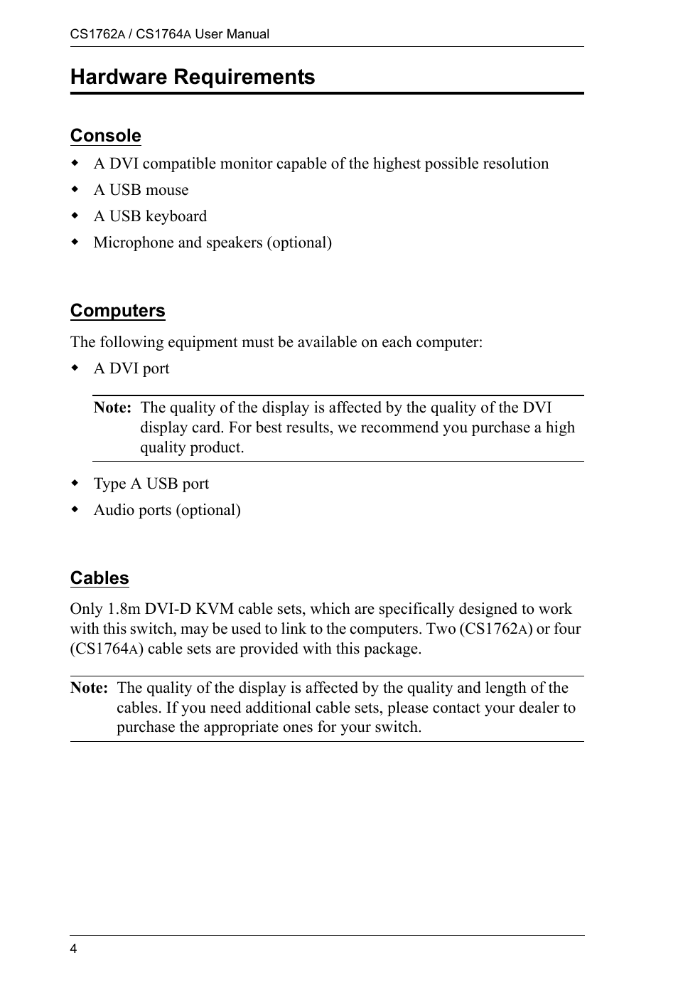 Hardware requirements, Console, Computers | Cables | ATEN CS-1762 User Manual | Page 12 / 52