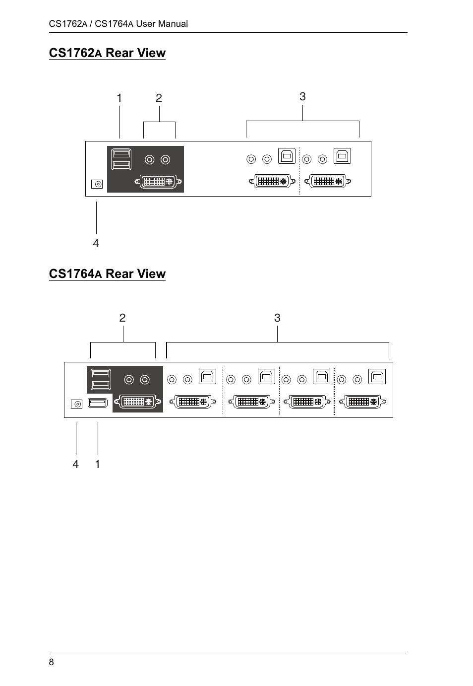 Cs1762a rear view, Cs1764a rear view, Cs1762 | Rear view cs1764, Rear view | ATEN CS-1762 User Manual | Page 16 / 52