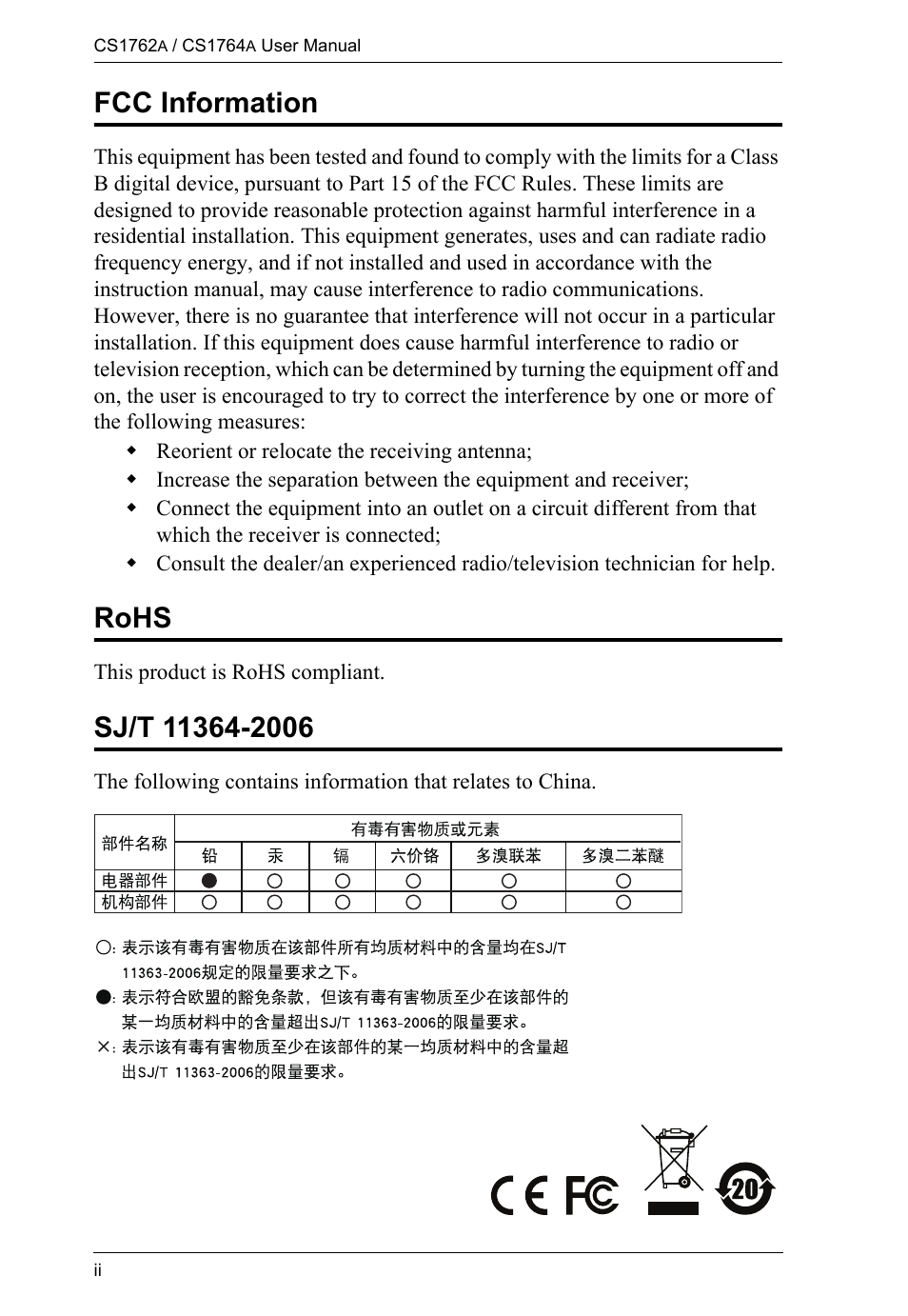 Fcc information, Rohs | ATEN CS-1762 User Manual | Page 2 / 52