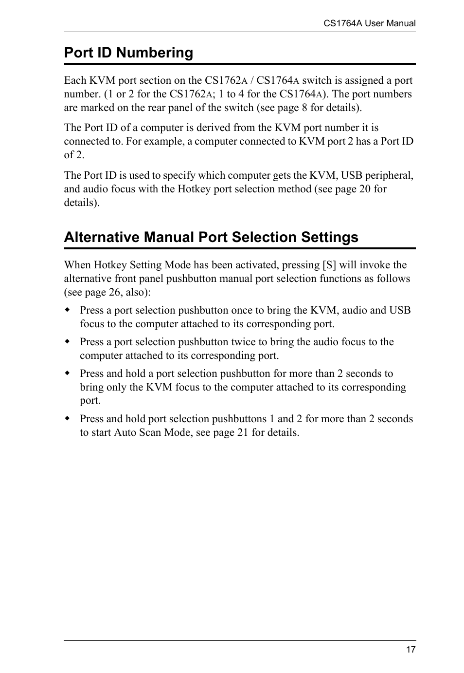 Port id numbering, Alternative manual port selection settings | ATEN CS-1762 User Manual | Page 25 / 52