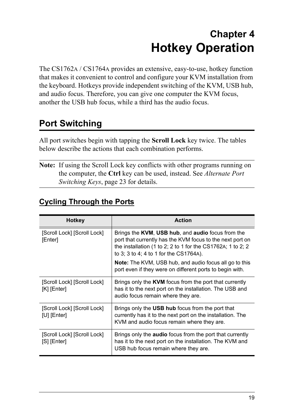 Hotkey operation, Port switching, Cycling through the ports | Chapter 4 | ATEN CS-1762 User Manual | Page 27 / 52