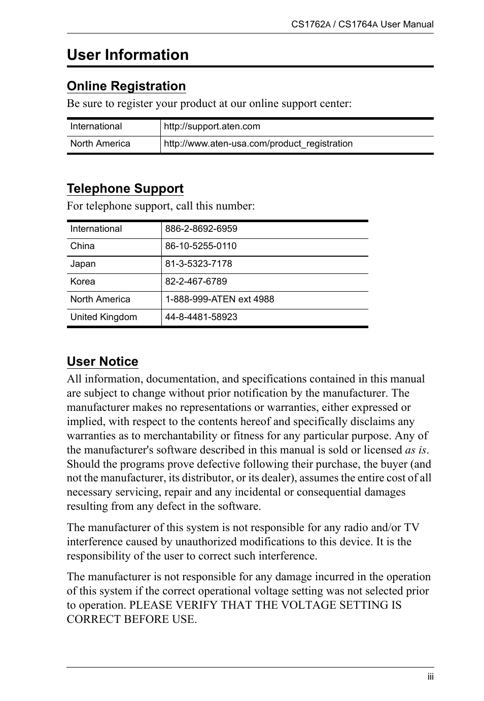 User information, Online registration, Telephone support | User notice | ATEN CS-1762 User Manual | Page 3 / 52