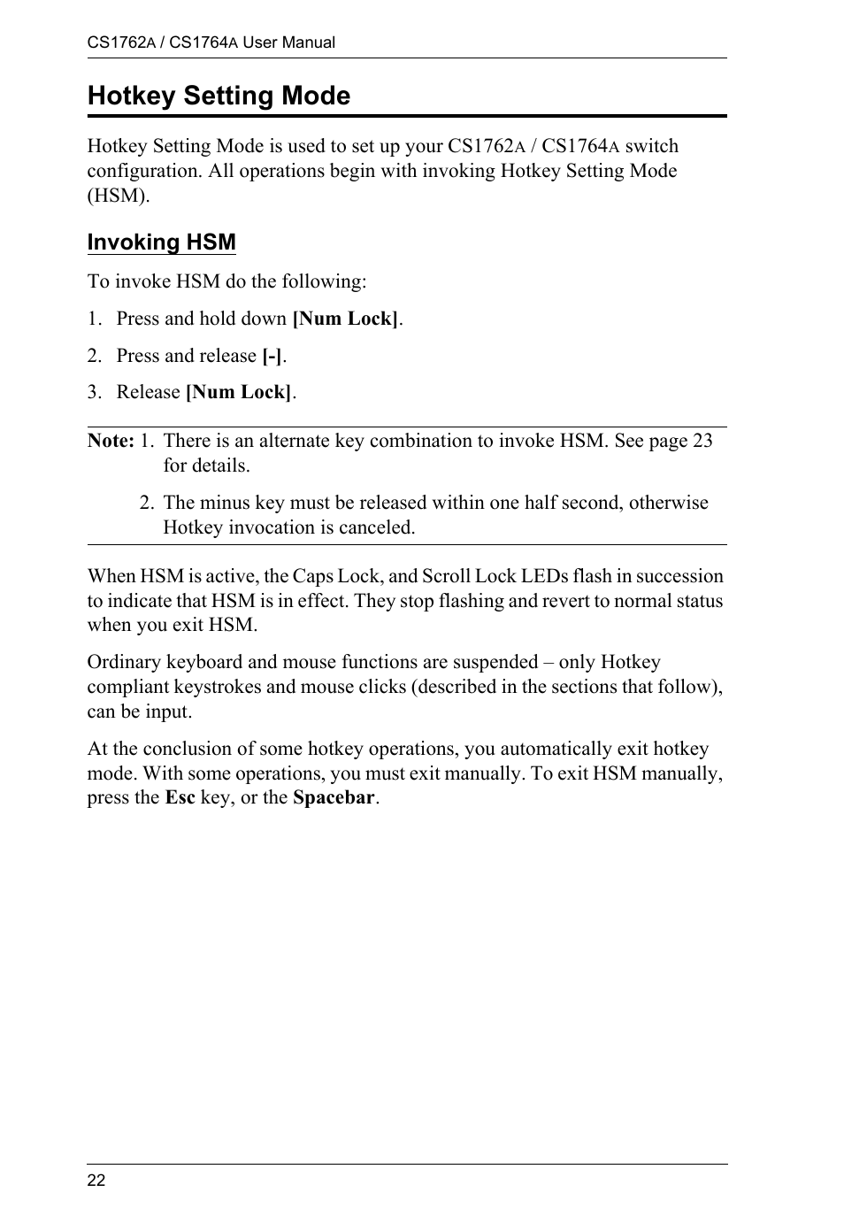 Hotkey setting mode, Invoking hsm | ATEN CS-1762 User Manual | Page 30 / 52