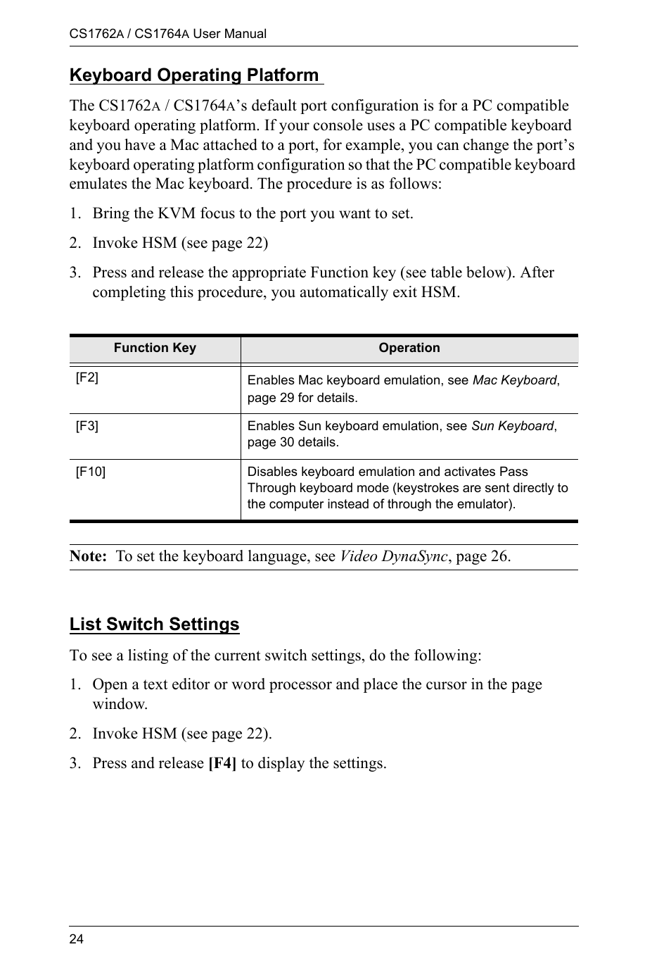 Keyboard operating platform, List switch settings | ATEN CS-1762 User Manual | Page 32 / 52