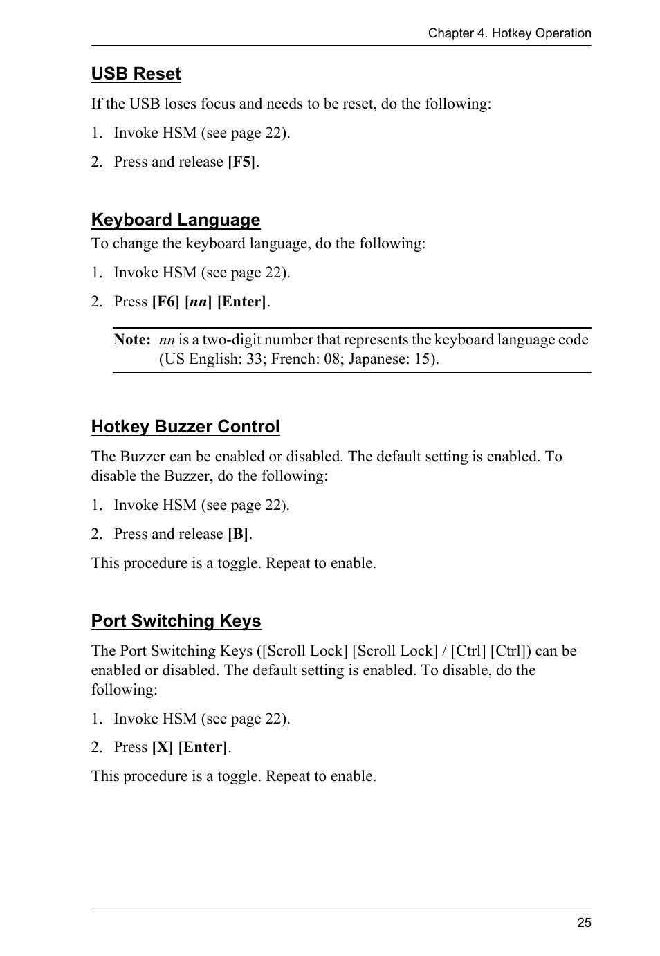 Usb reset, Keyboard language, Hotkey buzzer control | Port switching keys | ATEN CS-1762 User Manual | Page 33 / 52