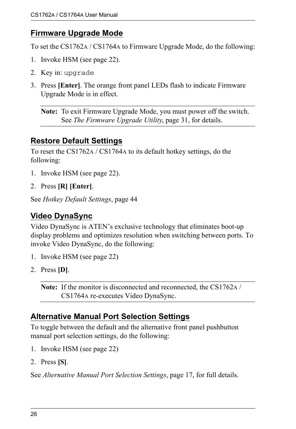 Firmware upgrade mode, Restore default settings, Video dynasync | Alternative manual port selection settings | ATEN CS-1762 User Manual | Page 34 / 52