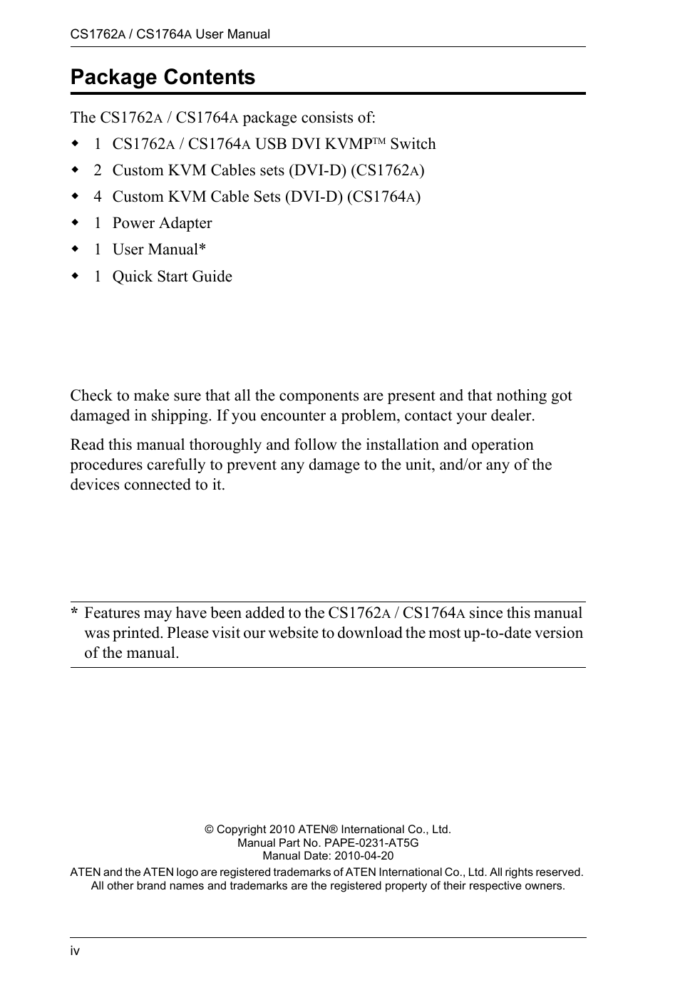 Package contents | ATEN CS-1762 User Manual | Page 4 / 52