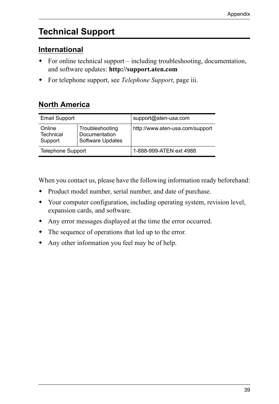 Technical support, International, North america | ATEN CS-1762 User Manual | Page 47 / 52