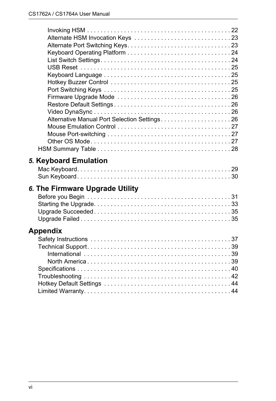 Keyboard emulation, The firmware upgrade utility, Appendix | ATEN CS-1762 User Manual | Page 6 / 52