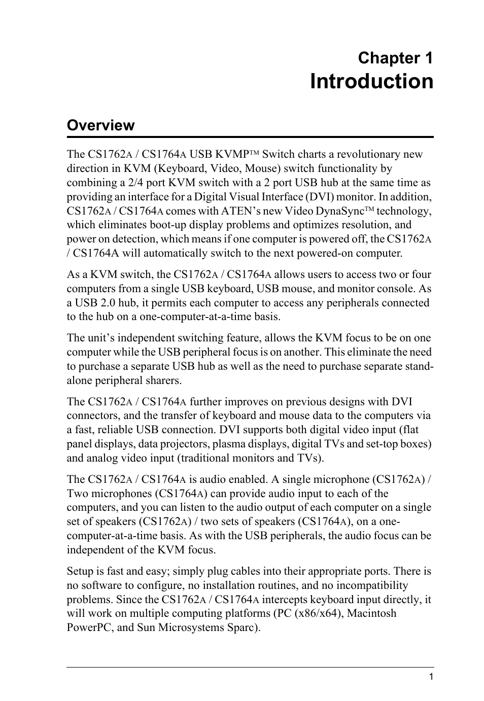 Introduction, Overview, Chapter 1 | ATEN CS-1762 User Manual | Page 9 / 52