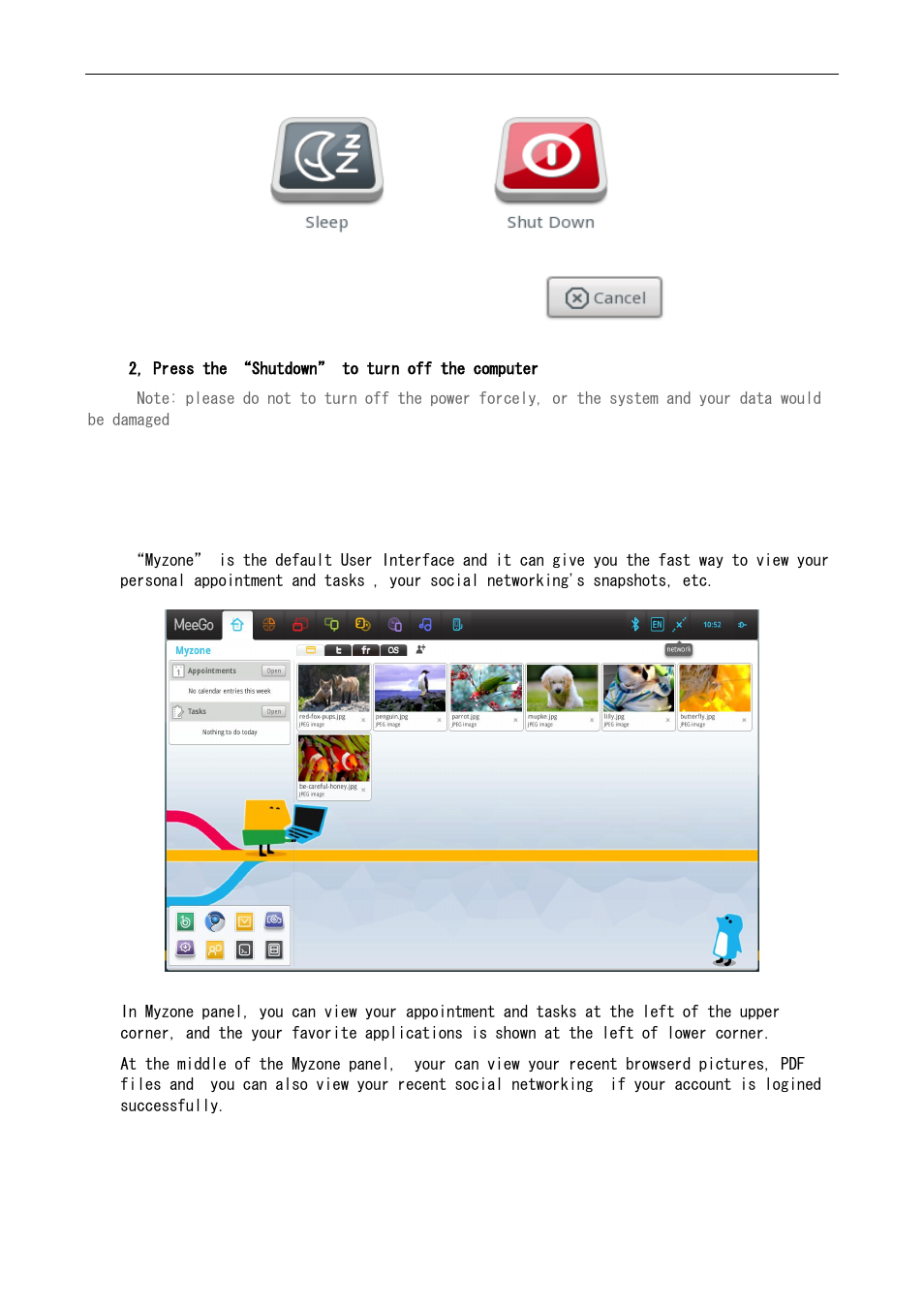 2 meego desktop, 1 myzone, 2 .2 tool bar | Lenovo IdeaPad S10-3 FR User Manual | Page 3 / 12