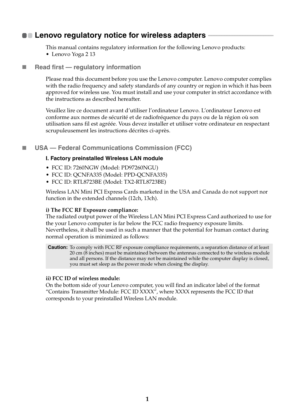 Lenovo regulatory notice for wireless adapters | Lenovo Yoga 2 13 Notebook Lenovo User Manual | Page 2 / 7
