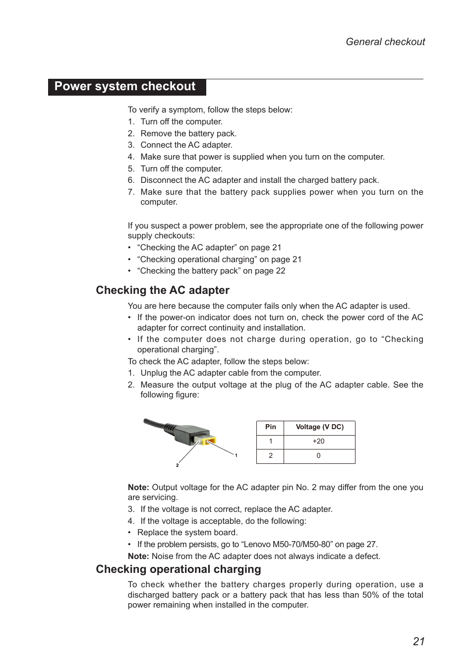 Power system checkout, Checking the ac adapter, Checking operational charging | Lenovo M50-70 Notebook User Manual | Page 25 / 89