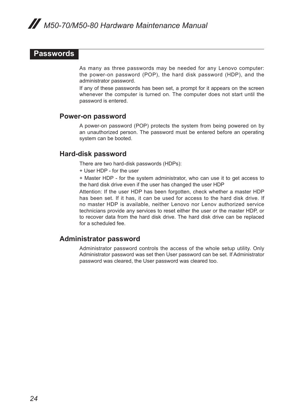 Passwords, Power-on password, Hard-disk password | Administrator password | Lenovo M50-70 Notebook User Manual | Page 28 / 89