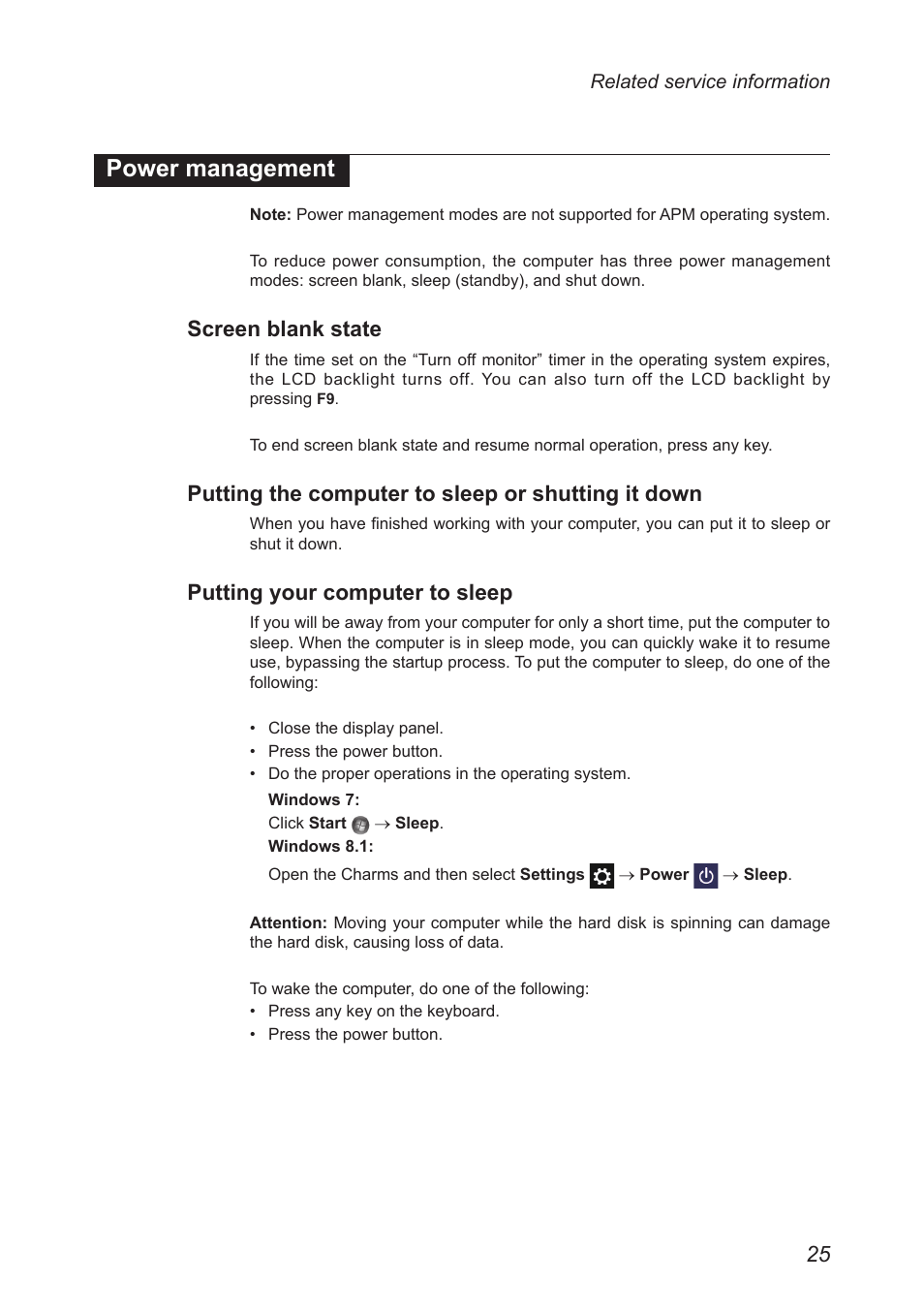 Power management, Screen blank state, Putting the computer to sleep or shutting it down | Putting your computer to sleep, Putting the computer to sleep or shutting, It down | Lenovo M50-70 Notebook User Manual | Page 29 / 89