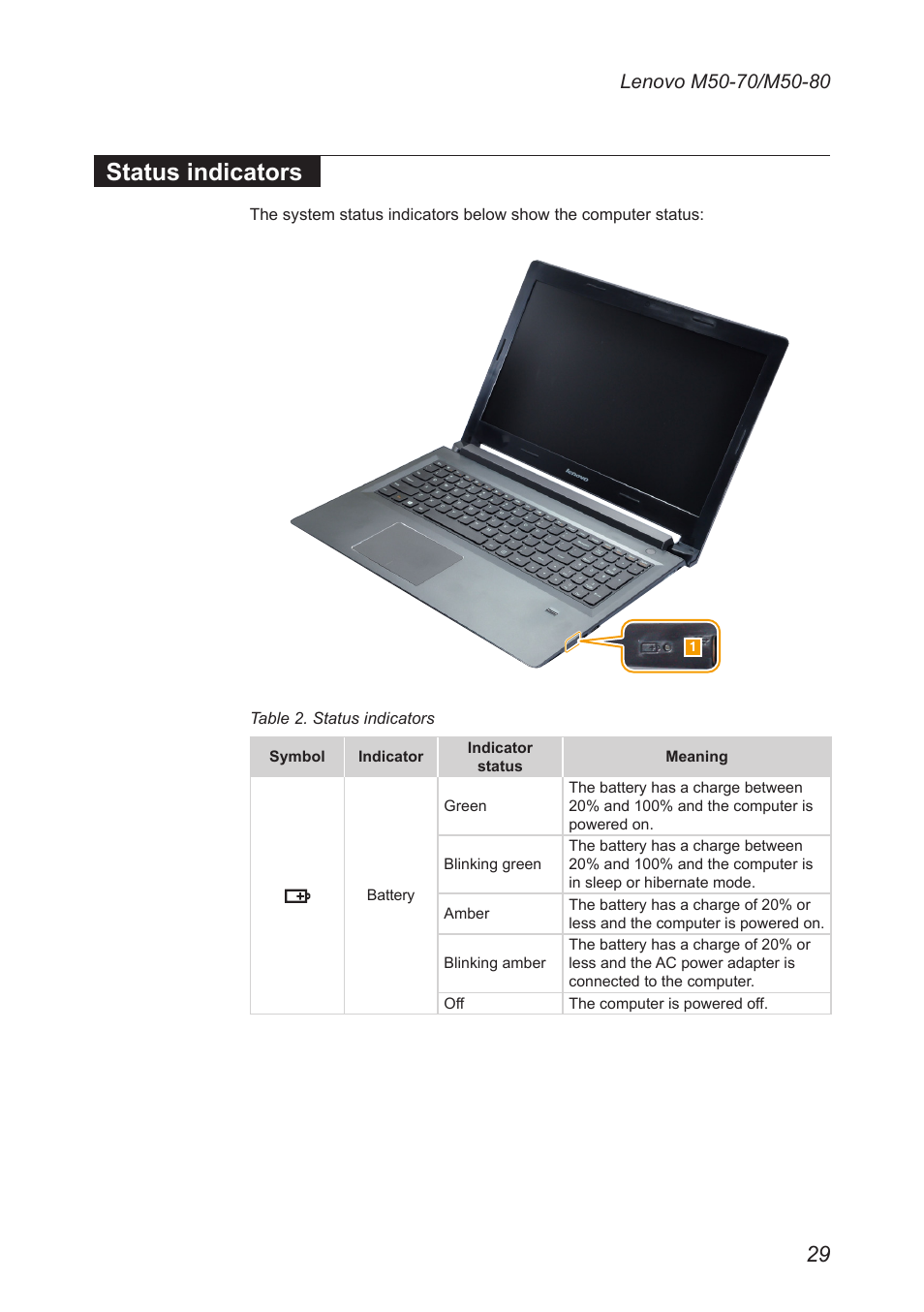 Status indicators | Lenovo M50-70 Notebook User Manual | Page 33 / 89