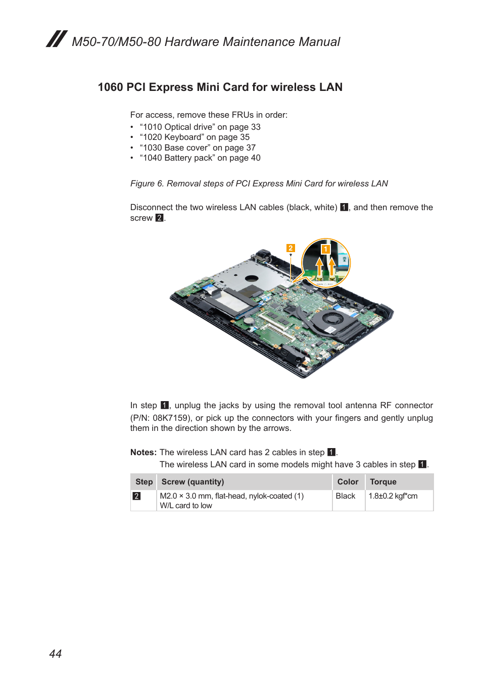 1060 pci express mini card for wireless lan, 1060 pci express mini card for, Wireless lan | Lenovo M50-70 Notebook User Manual | Page 48 / 89