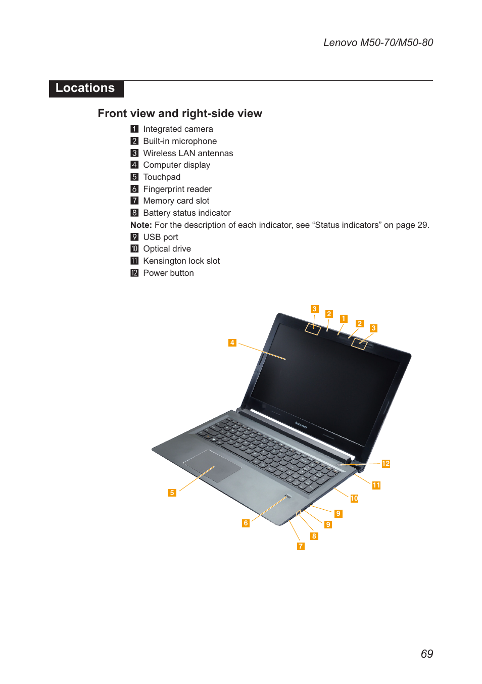 Locations, Front view and right-side view | Lenovo M50-70 Notebook User Manual | Page 73 / 89