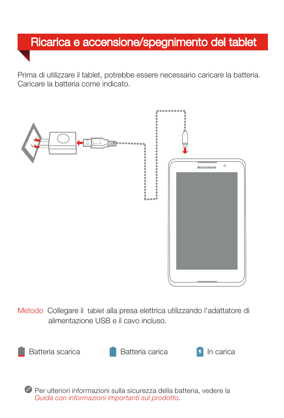 Ricarica e accensione/spegnimento del tablet | Lenovo A8-50 Tablet User Manual | Page 22 / 80