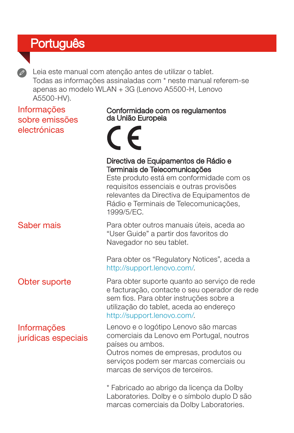 Português | Lenovo A8-50 Tablet User Manual | Page 23 / 80