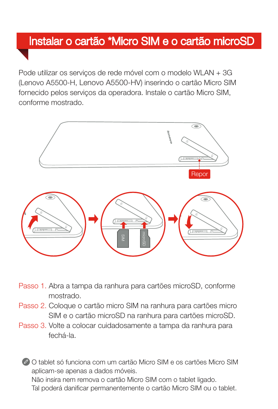 Nstalar o cartão *micro sim e o cartão microsd, Lenovo a5500-hv | Lenovo A8-50 Tablet User Manual | Page 26 / 80