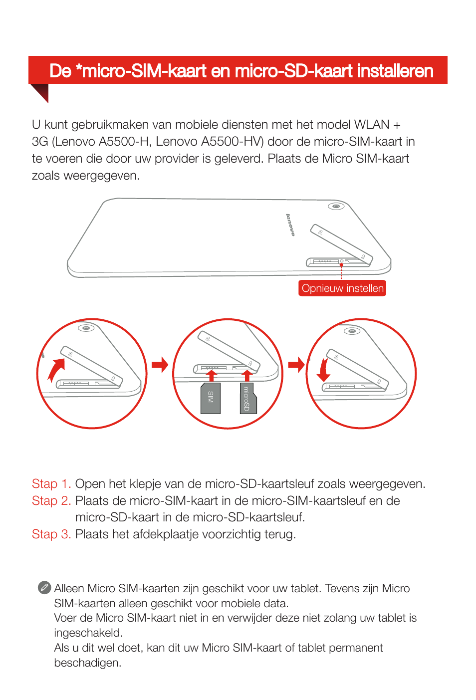 De *micro-sim-kaart en micro-sd-kaart installeren, Lenovo a5500-hv | Lenovo A8-50 Tablet User Manual | Page 31 / 80