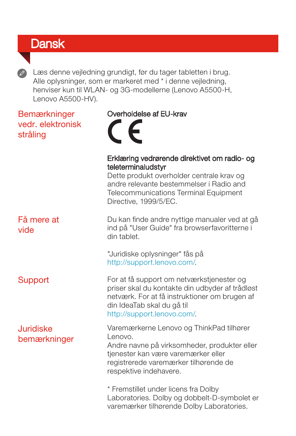 Dansk | Lenovo A8-50 Tablet User Manual | Page 33 / 80