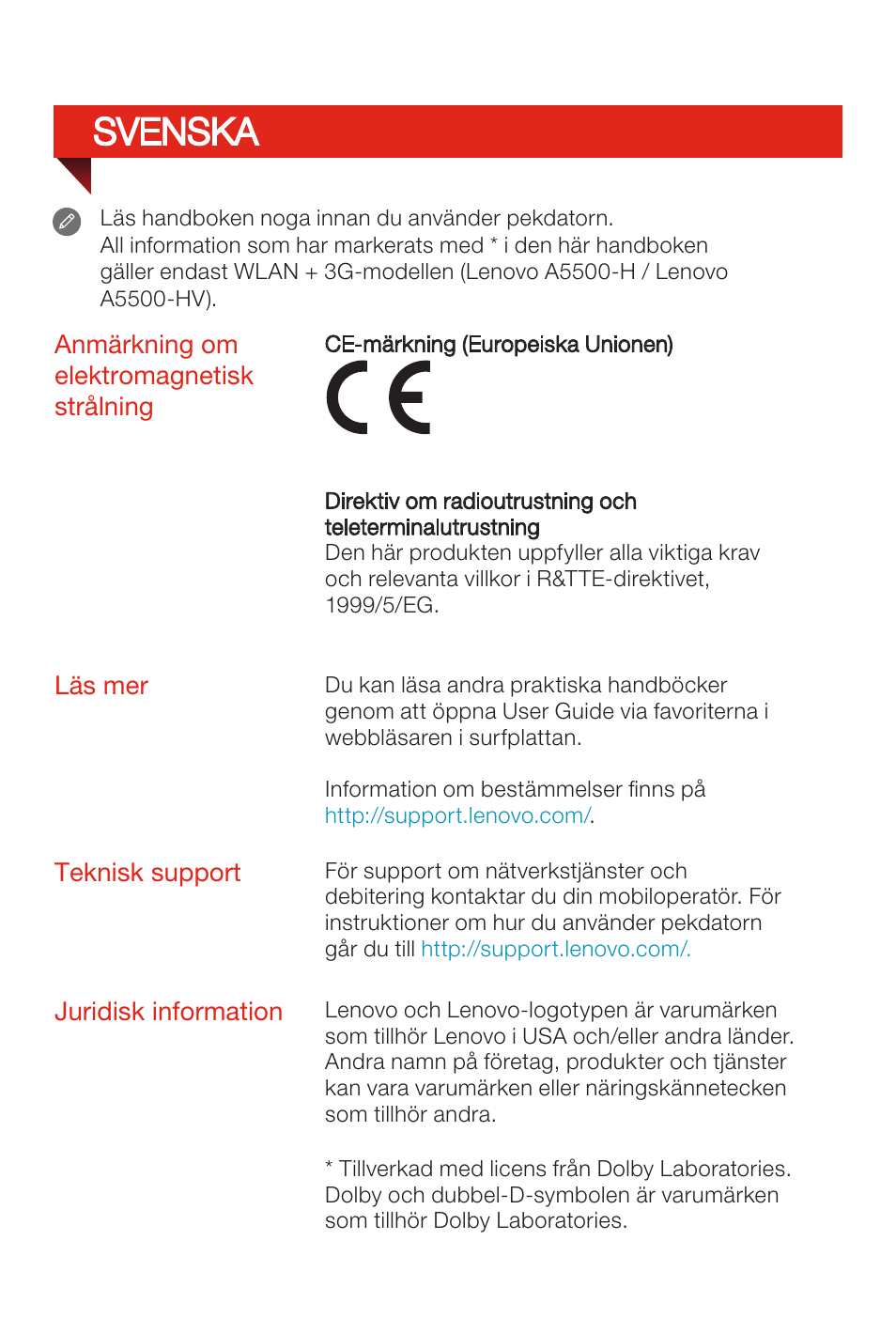 Svenska | Lenovo A8-50 Tablet User Manual | Page 38 / 80