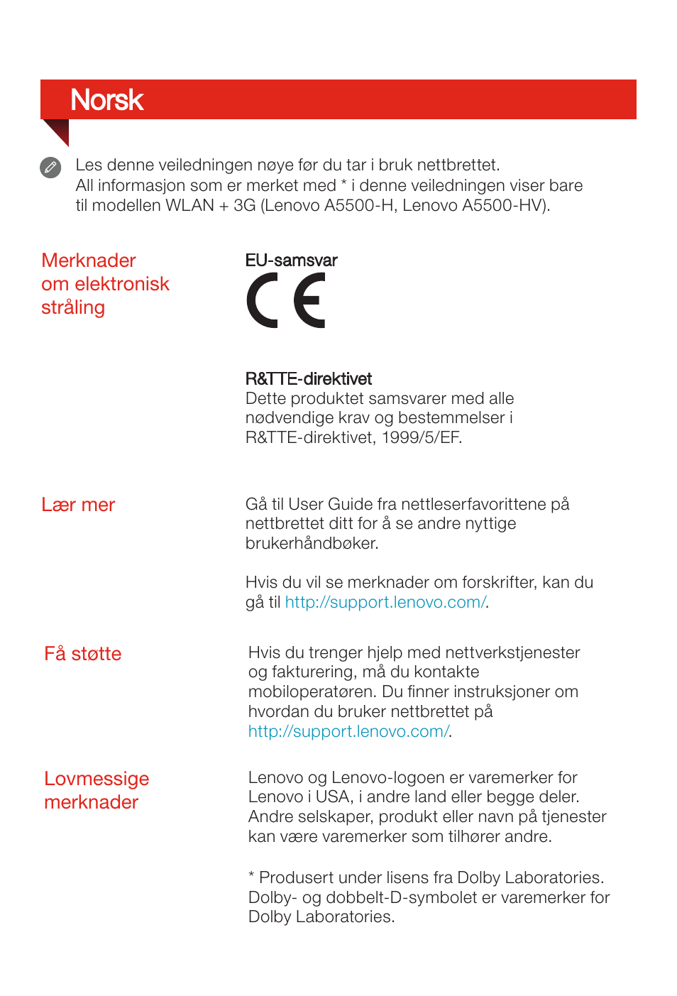 Norsk | Lenovo A8-50 Tablet User Manual | Page 43 / 80