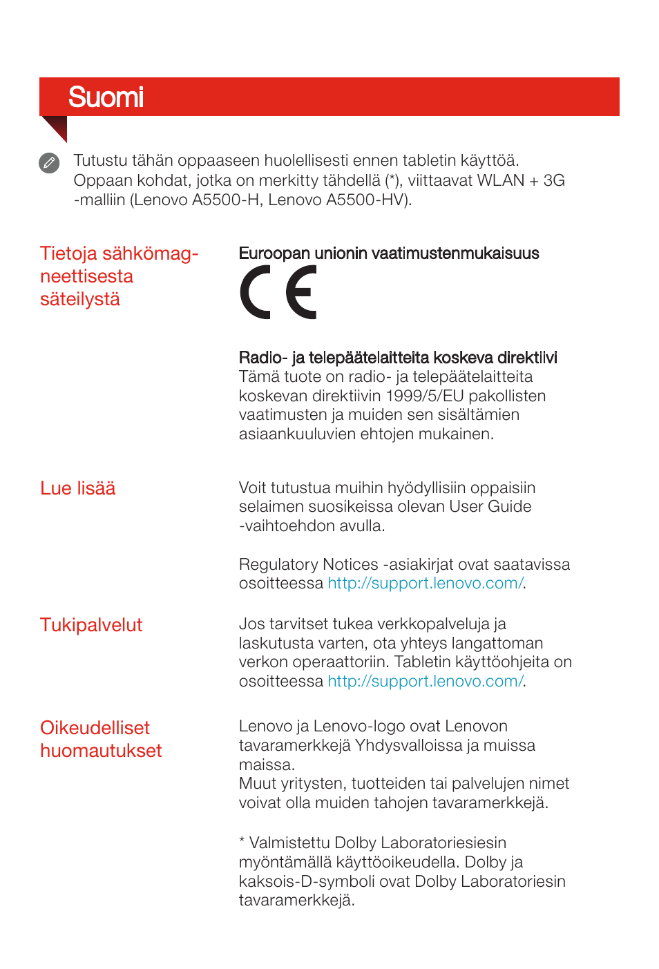 Suomi | Lenovo A8-50 Tablet User Manual | Page 48 / 80