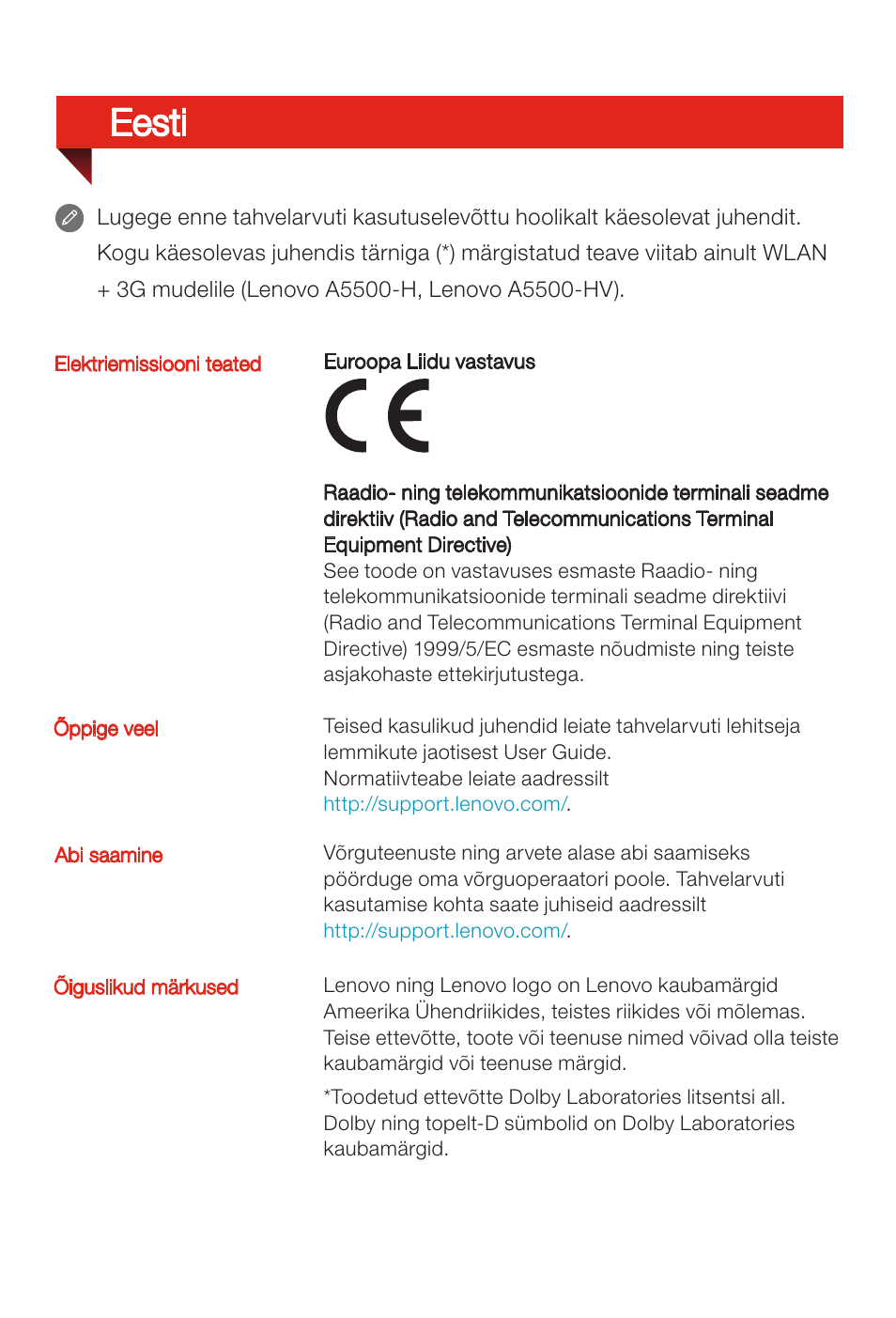 Eesti | Lenovo A8-50 Tablet User Manual | Page 58 / 80